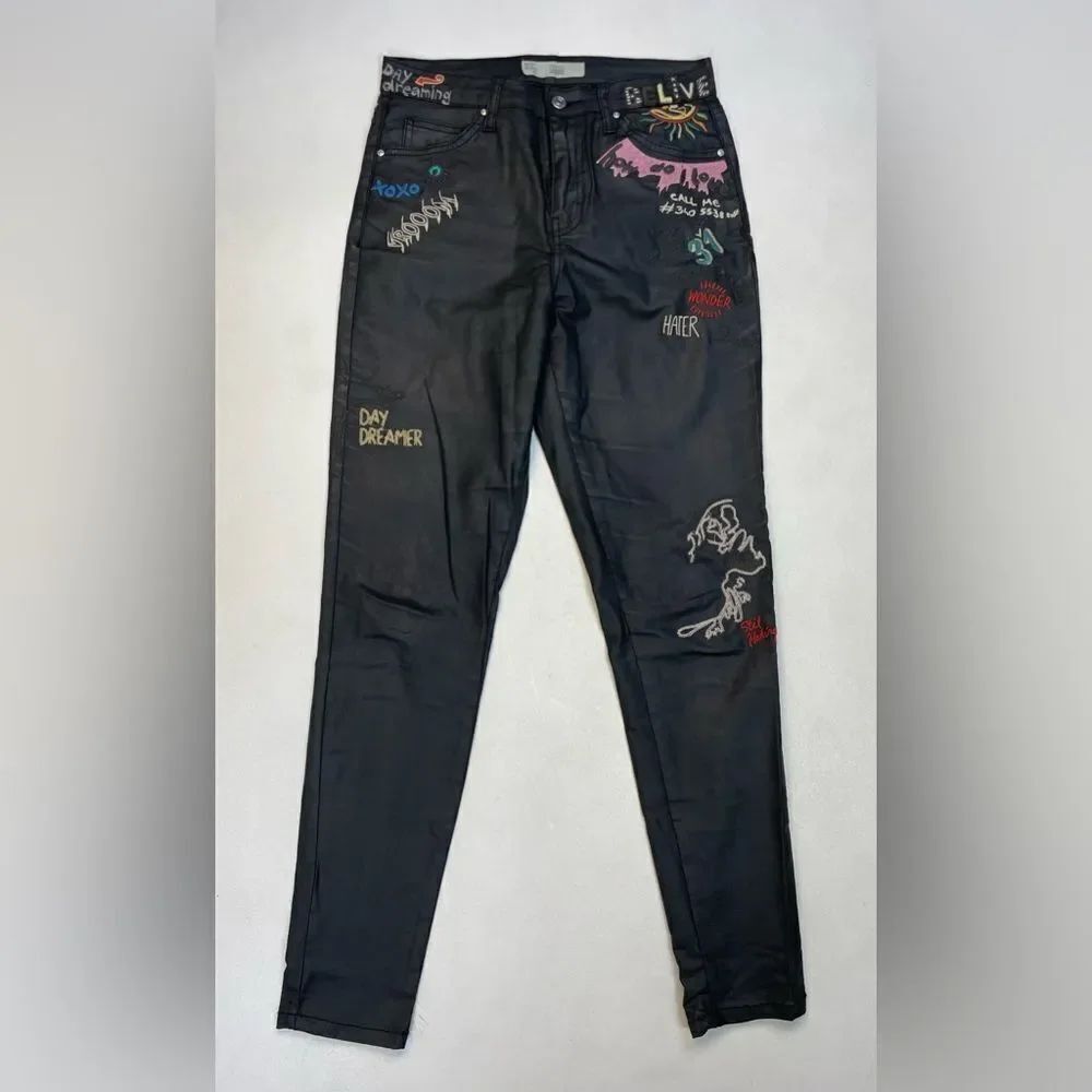 Topshop Moto Jamie Scribble Embroiderec Coated Jeans Women Size 28 X 30 Black